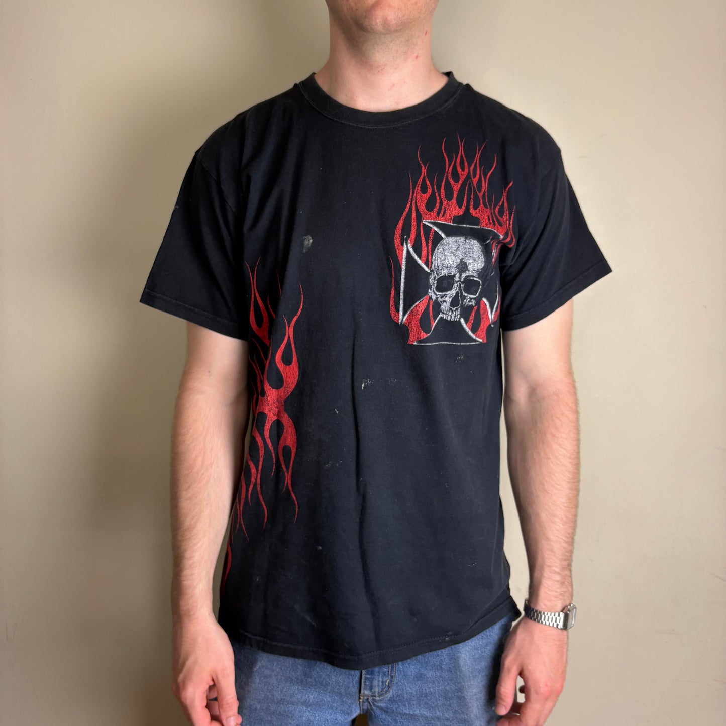 Vintage Black Skate Skull Flames Independent Graphic T-Shirt - M