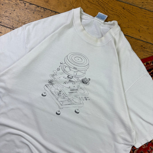 Vintage 90s Single Stitch White Turntable DJ Graphic T-Shirt - XL