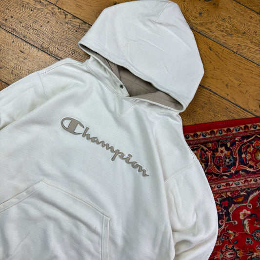 Vintage Champion Cream White Embroidered Hoodie Sweatshirt - M