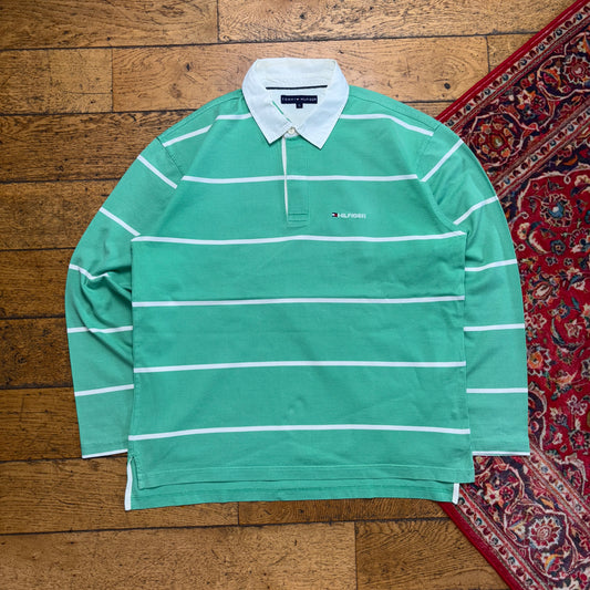 Vintage Tommy Hilfiger Green Stripe Rugby Polo Shirt - XL