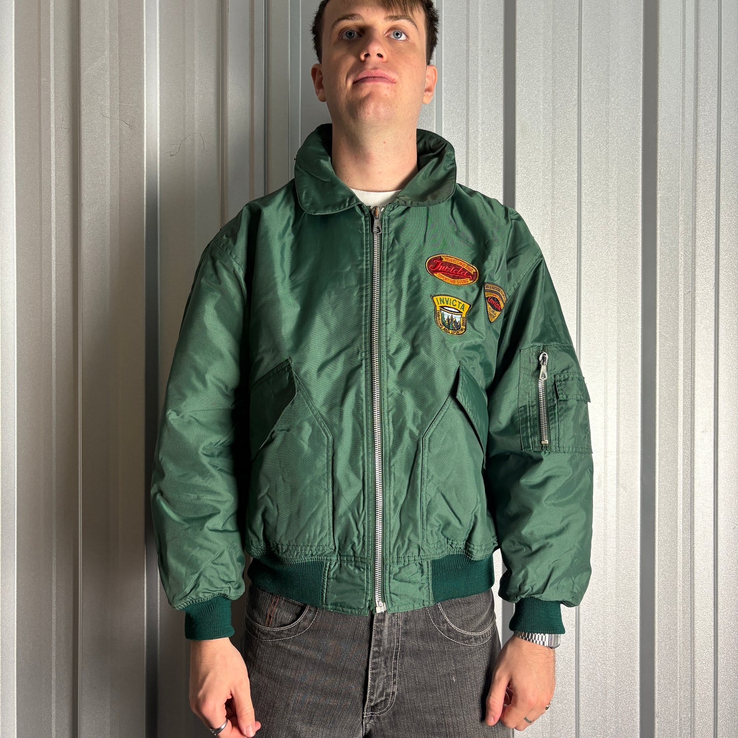 Vintage Invicta Green Bomber Patch Aviator Boxy Jacket - XL
