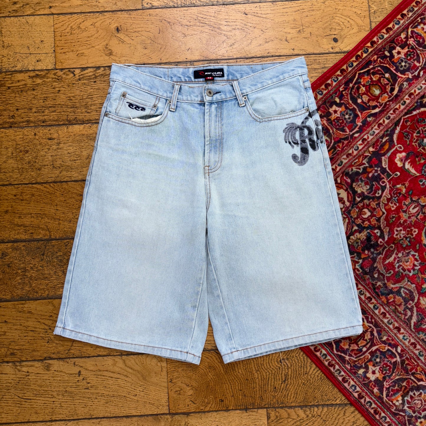 Vintage Rip Curl Blue Surfwear Embroidered Hip Hop Baggy Shorts Jorts - 34