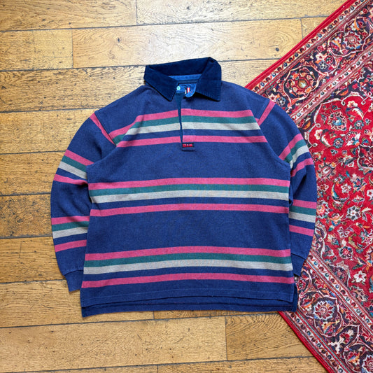 Vintage 90s Slam Stripe Navy Rugby Polo Shirt - L