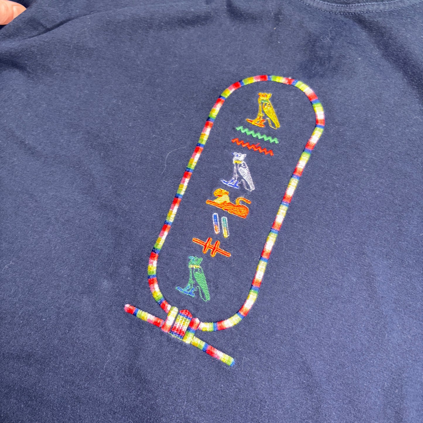 Vintage Embroidered Navy Hieroglyphics Egyptian Boxy Graphic T-Shirt - M