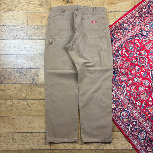 Vintage Dickies Workwear Carpenter Baggy Brown Trousers - 36
