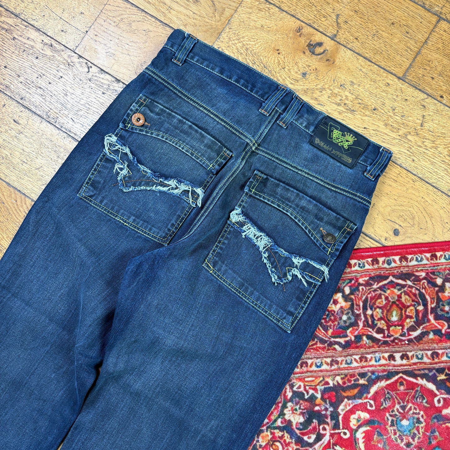 Vintage Blue Embroidered Y2K Hip Hop Baggy Jeans - 32