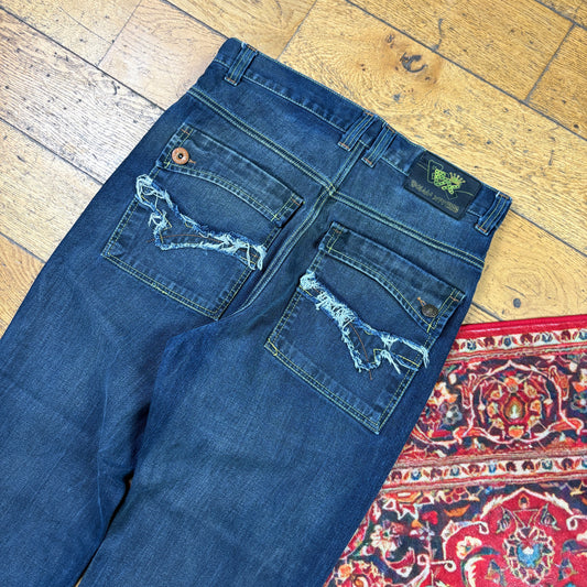 Vintage Blue Embroidered Y2K Hip Hop Baggy Jeans - 32