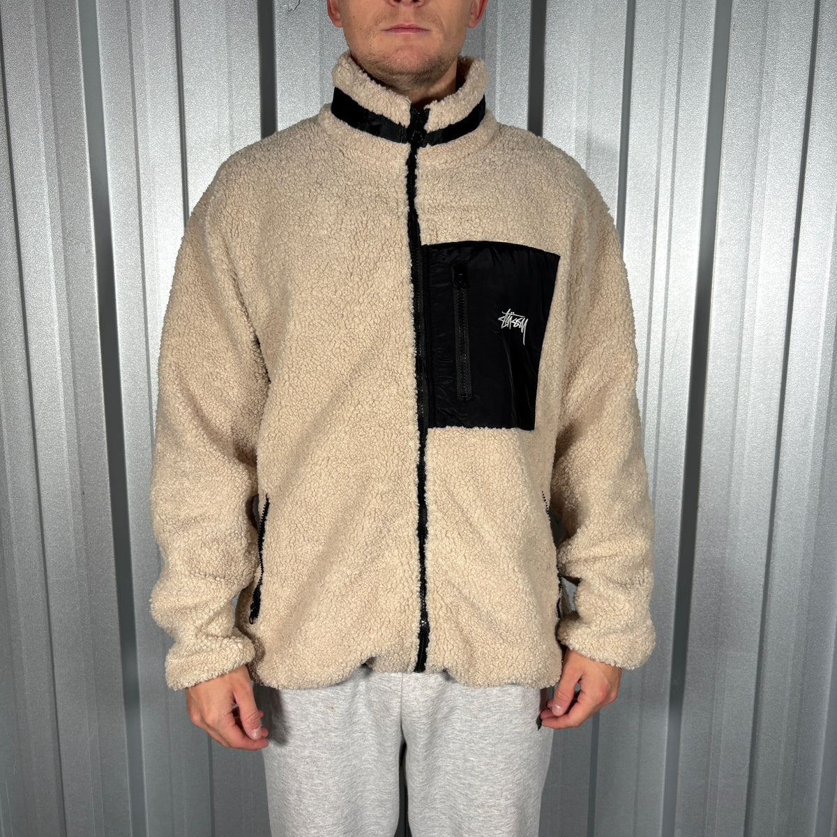 Stussy Cream Black Fleece Zip Jacket Jumper - XL
