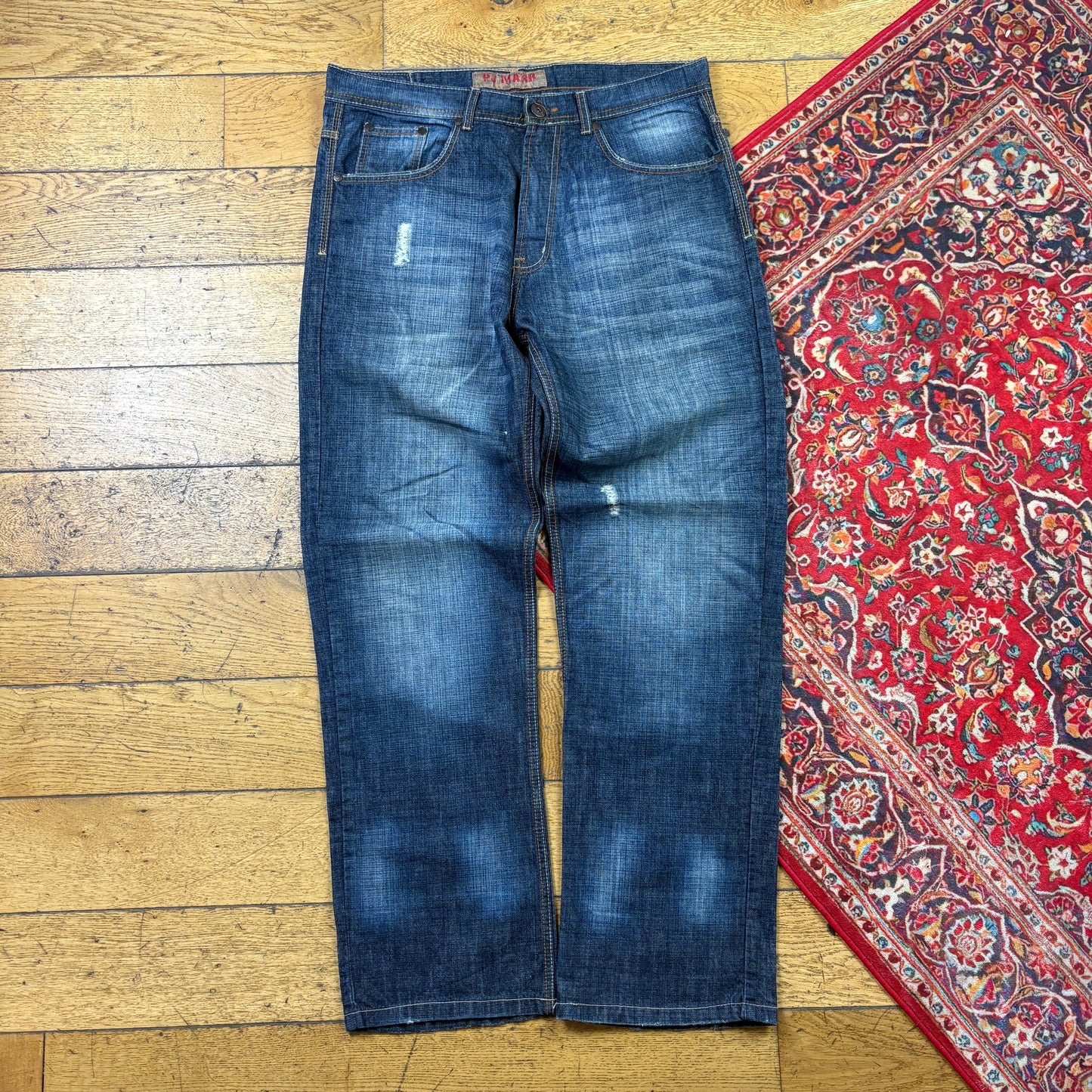 Vintage Blue Embroidered Y2K Hip Hop Baggy Jeans - 38