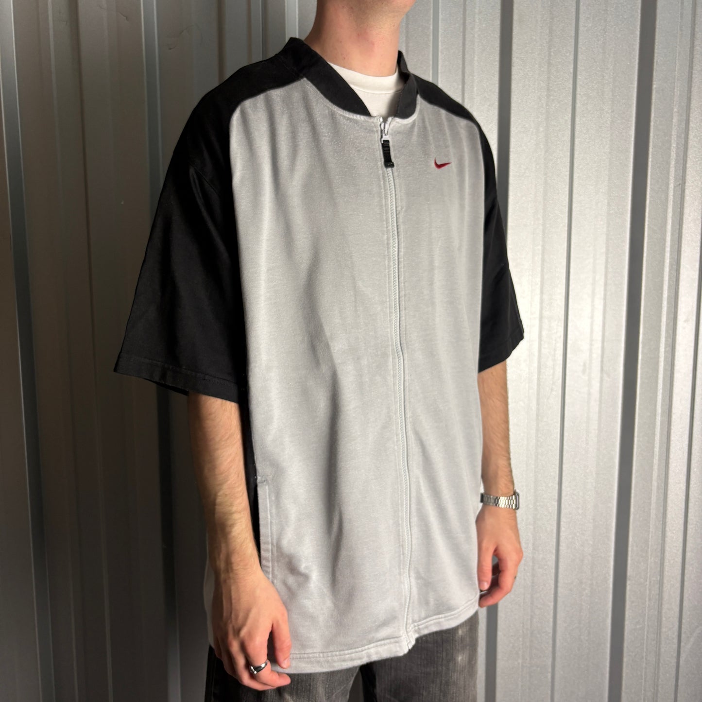 Vintage Nike 90s Basketball Grey Black Raglan Oversized Zip T-Shirt - XL
