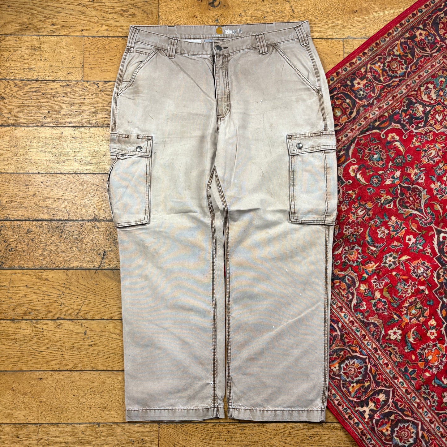 Vintage Carhartt Brown Cream Cargo Workwear Carpenter Baggy Trousers - 38