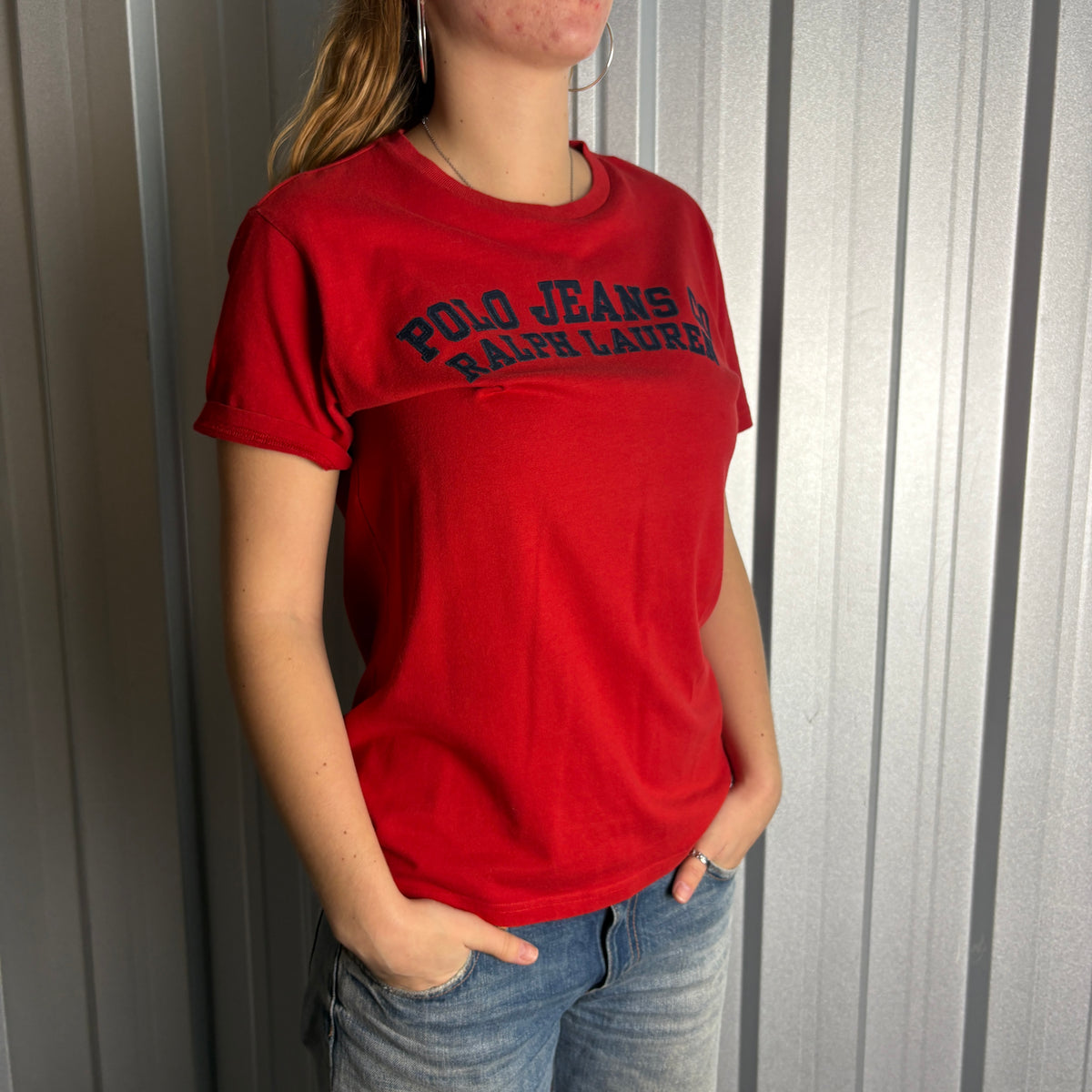 Ralph Lauren Polo Jeans Red Womens Embroidered Graphic T-Shirt - L