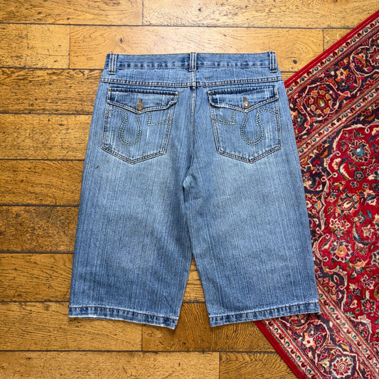Vintage Embroidered Hip Hop Blue Baggy Shorts Jorts - 36