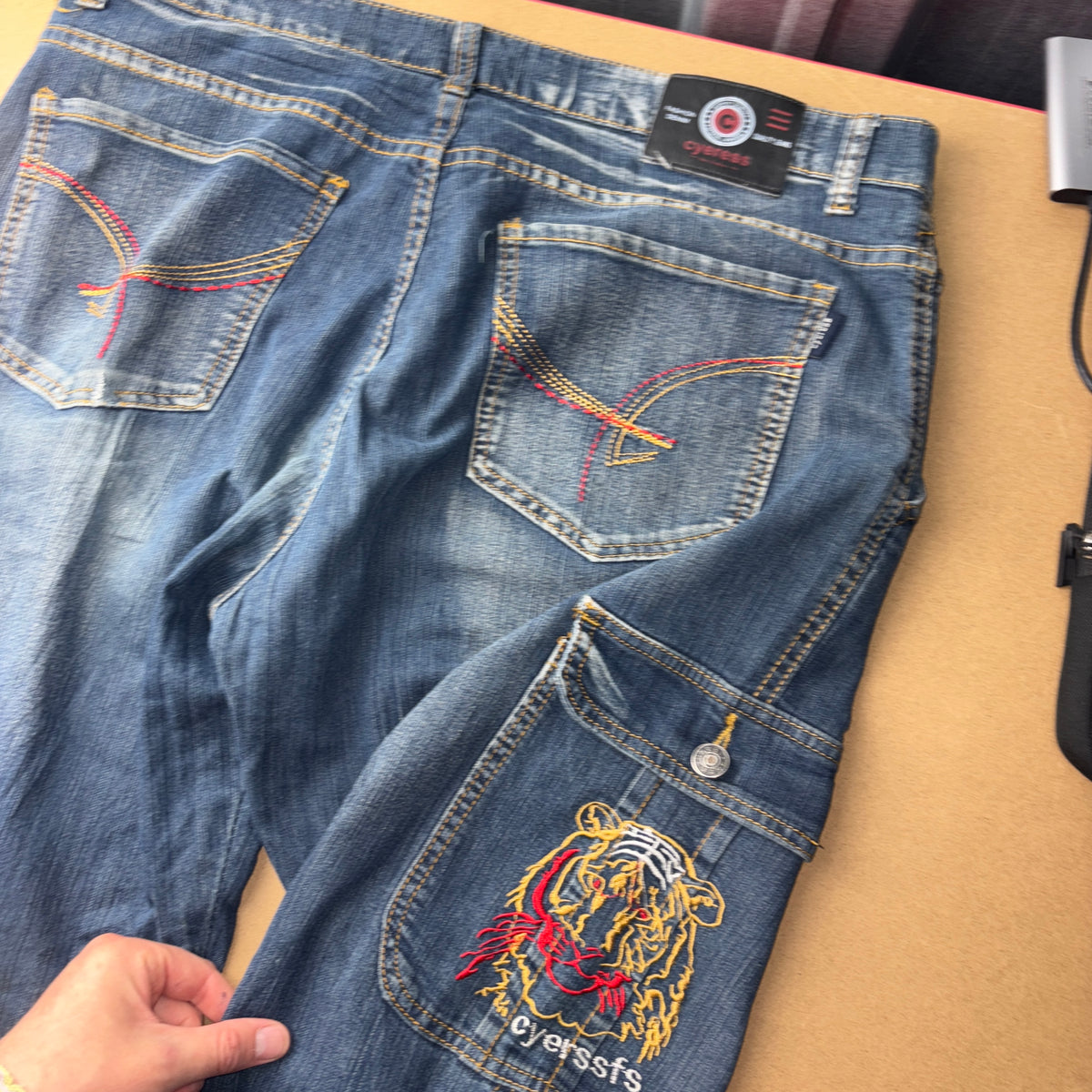 Embroidered Blue Tiger Cargo Japanese Denim Hip Hop Y2K Baggy Jeans - 36S