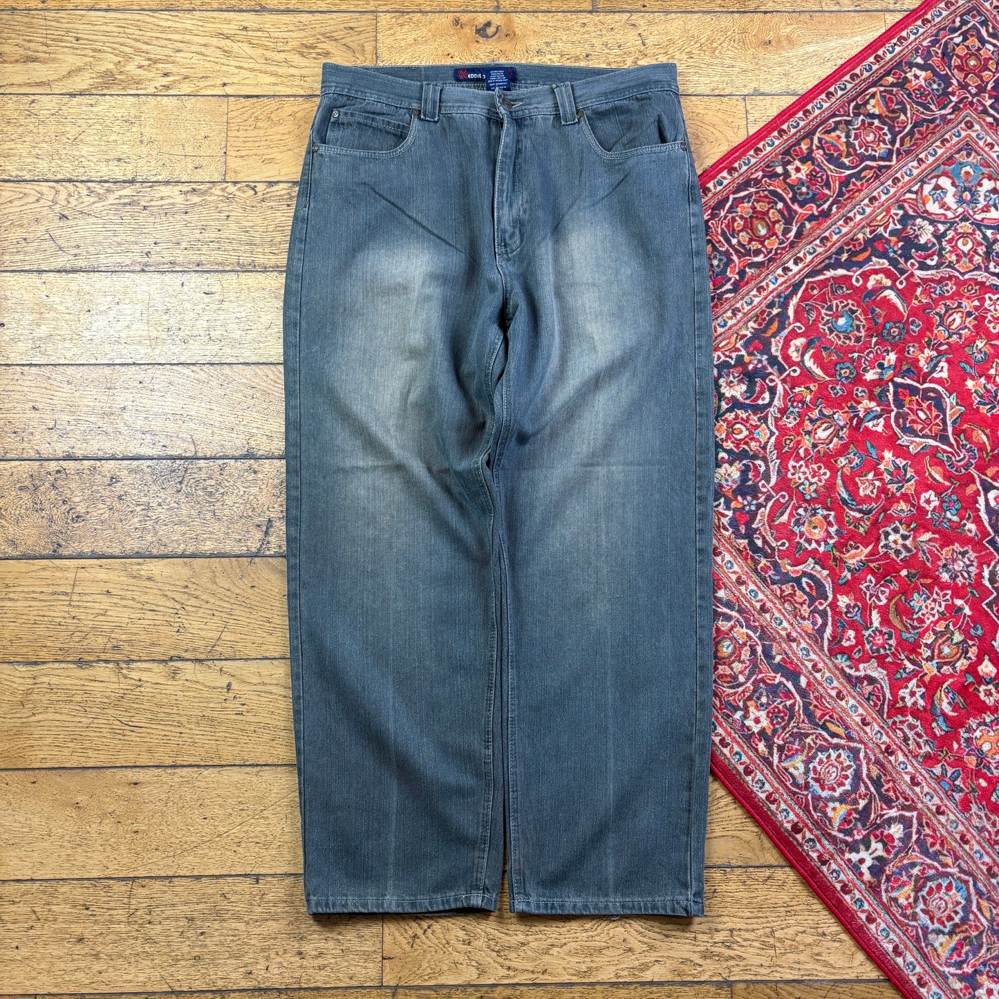 Vintage Grey Embroidered Y2K Hip Hop Baggy Jeans - 38
