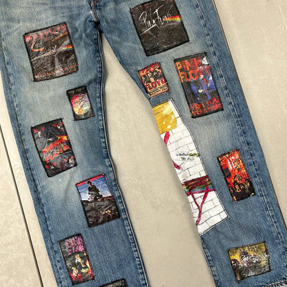 Vintage Levis 501 Patchwork Pink Floyd Blue Denim Straight Jeans - 34