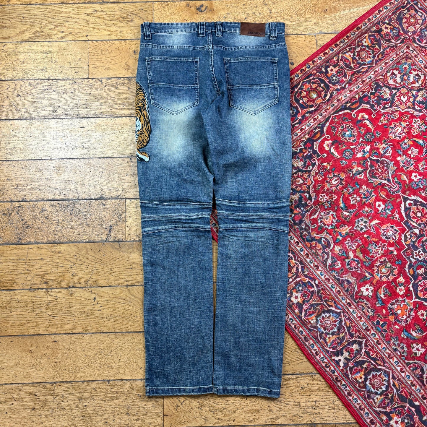 Vintage Tiger Blue Embroidered Y2K Hip Hop Slim Jeans - 34