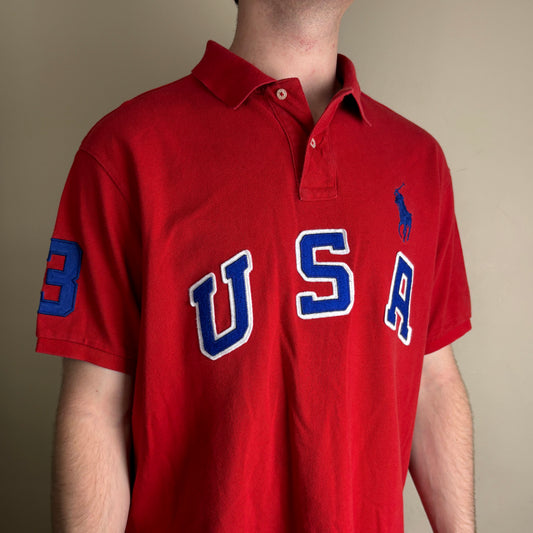 Vintage Ralph Lauren USA Big Pony Red Embroidered Polo Shirt - 2XL