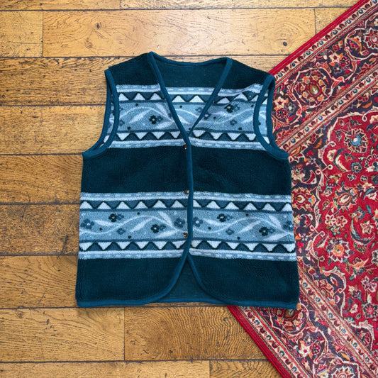 Vintage Green Funky Pattern Fleece Gilet Vest - S