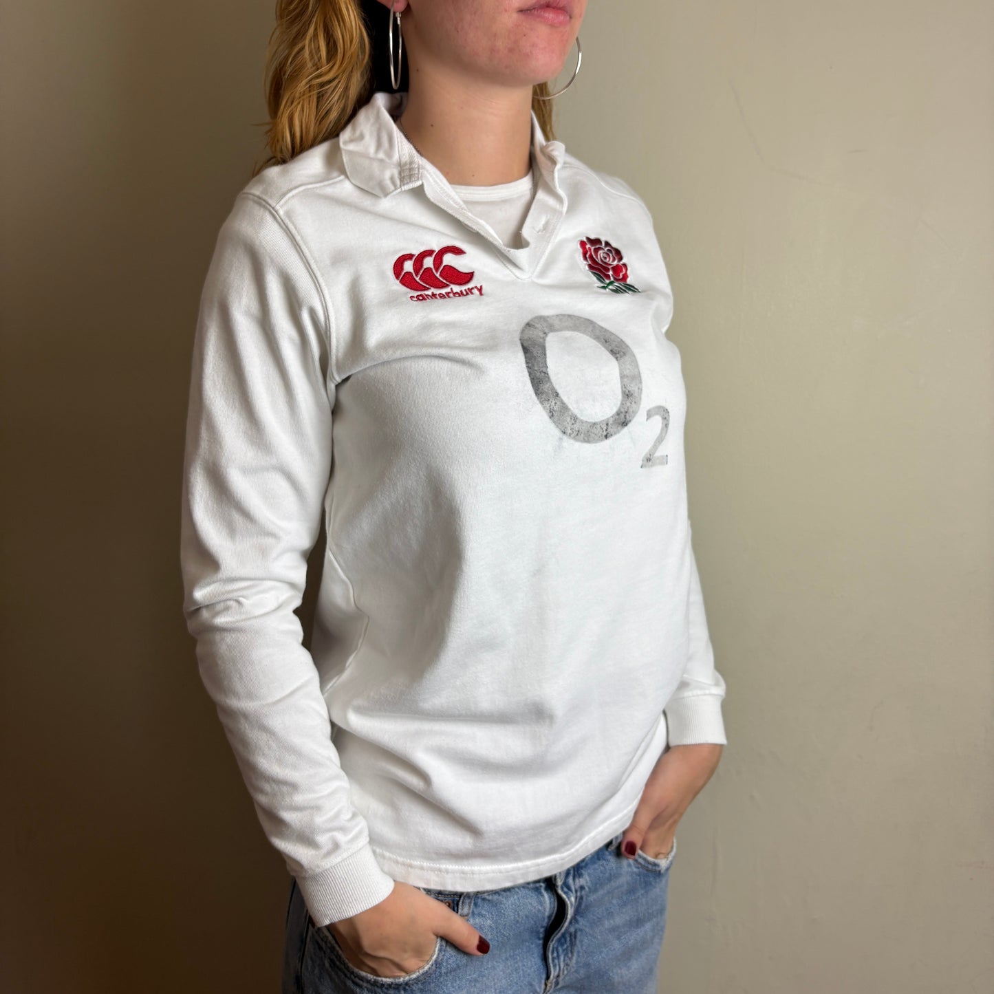 Vintage Canterbury White England Rugby Polo Long Sleeve Shirt - XS