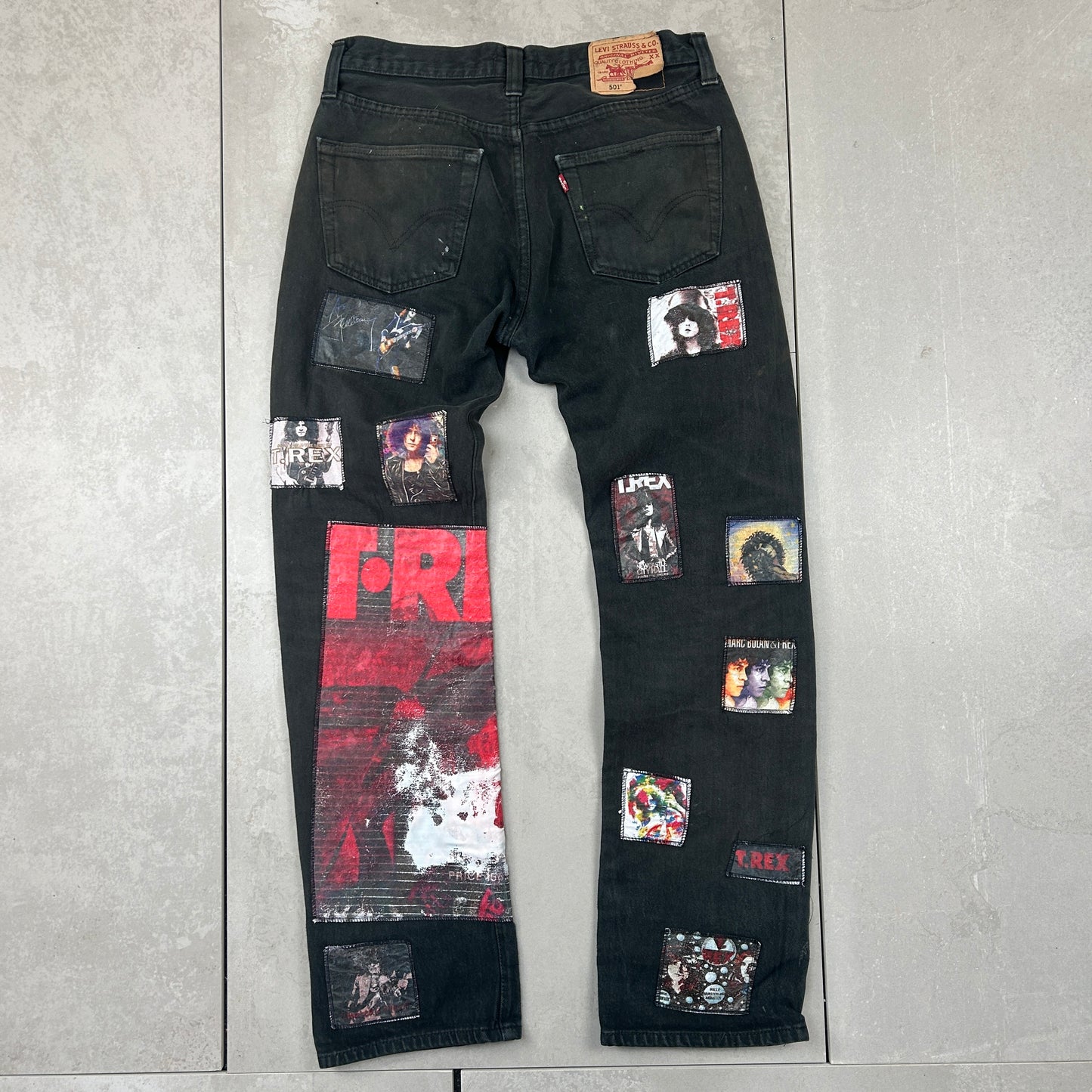 Vintage Levis 501 Patchwork T. Rex Black Denim Straight Jeans - 32