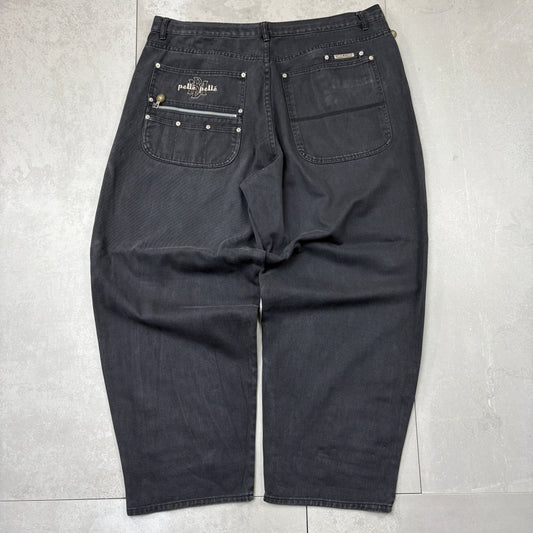 Vintage Pelle Pelle Embroidered Hip Hop Black Baggy Jeans - 44