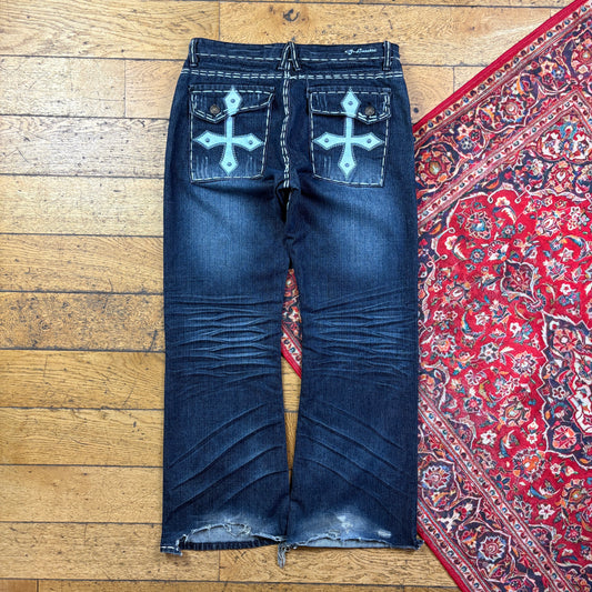 Vintage Blue Bootcut Embroidered Y2K Hip Hop Baggy Jeans - 36