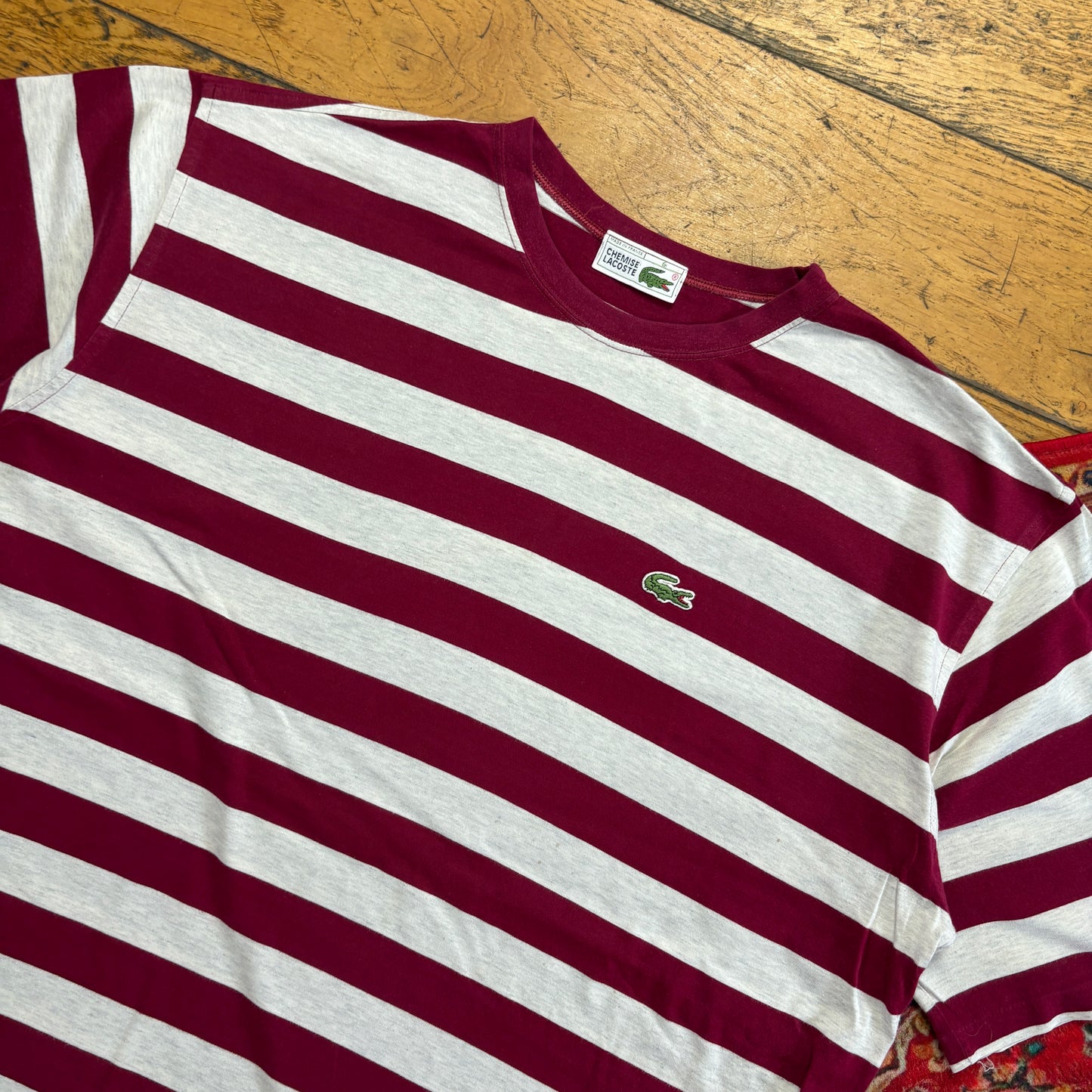 Vintage Chemise Lacoste Burgundy White Stripe T-Shirt - XL