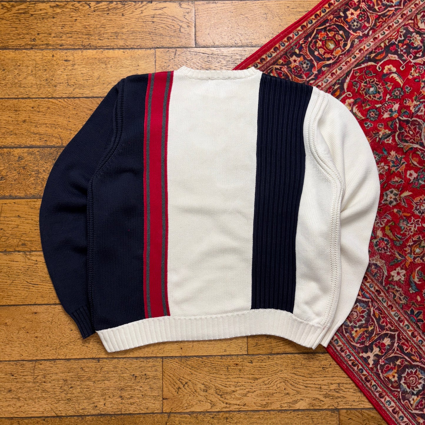 Vintage Nautica Cream Navy Stripe Embroidered Knit Jumper - XL