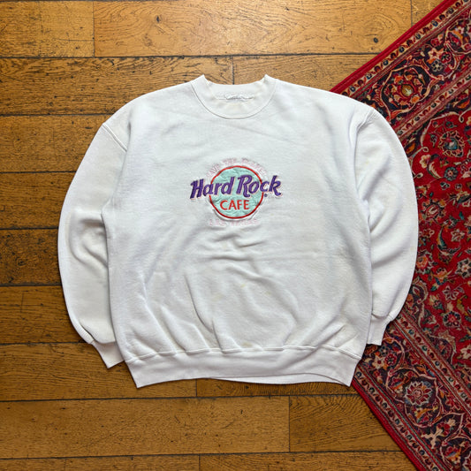 Vintage 90s Hard Rock Cafe White Embroidered Sweatshirt - XL