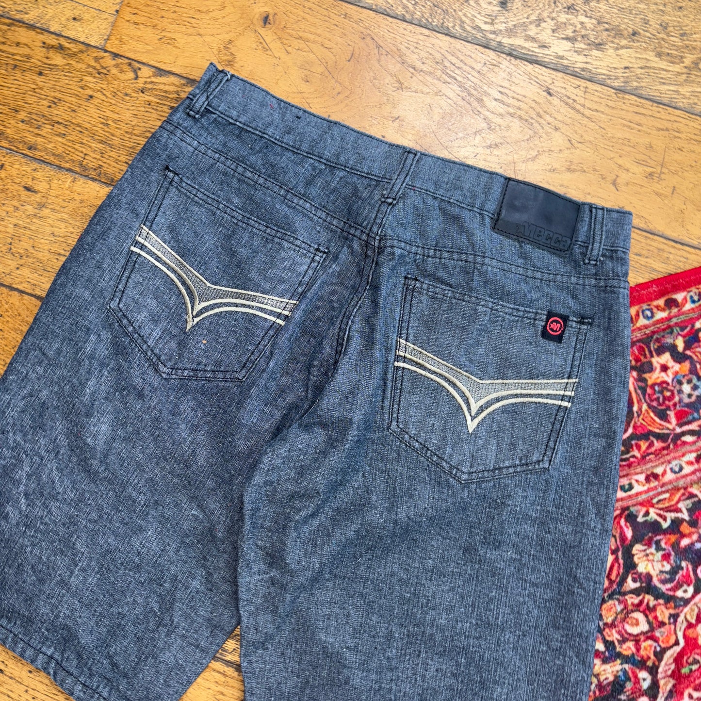 Vintage Mecca Embroidered Hip Hop Grey Blue Baggy Shorts Jorts - 34