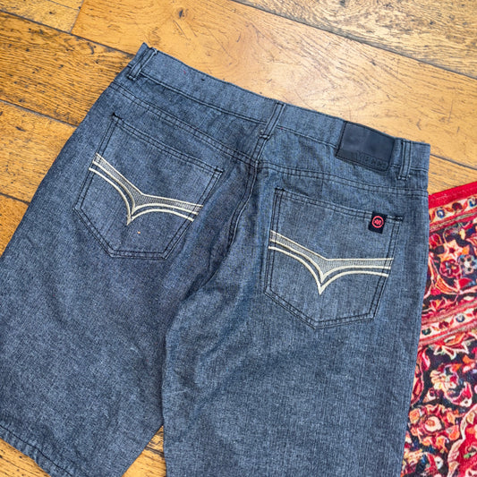 Vintage Mecca Embroidered Hip Hop Grey Blue Baggy Shorts Jorts - 34