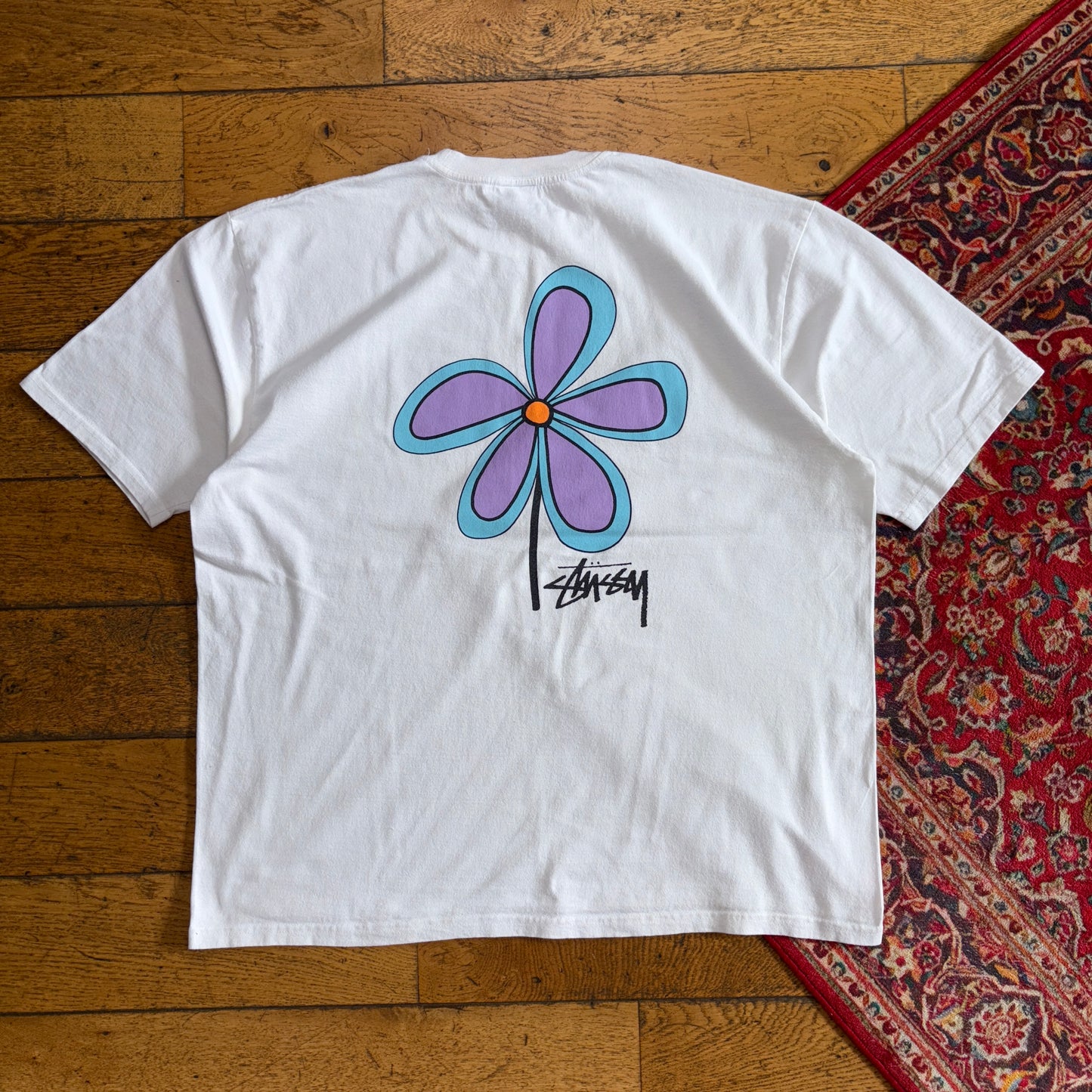 Vintage Stussy White Flower Surfwear Graphic T-Shirt - 2XL