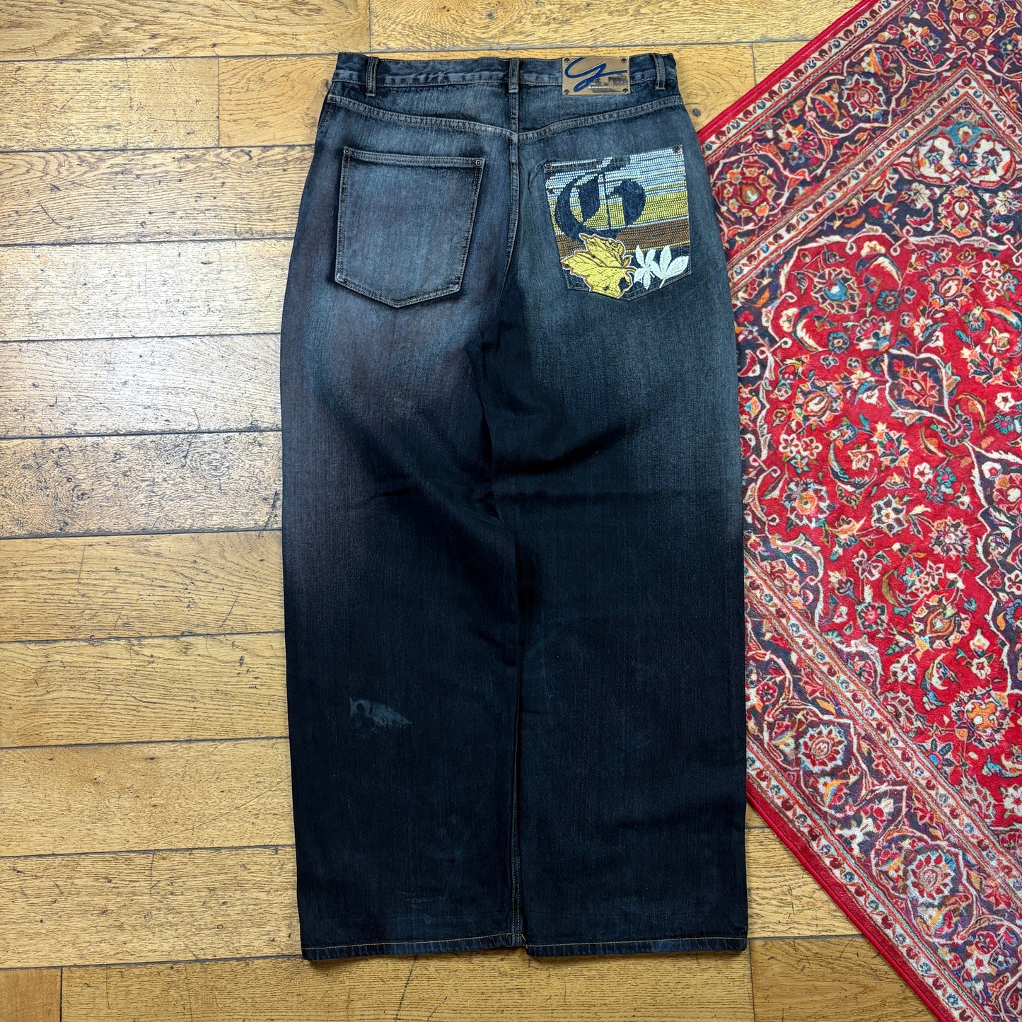 Vintage Black Embroidered Y2K Hip Hop Baggy Jeans - 34