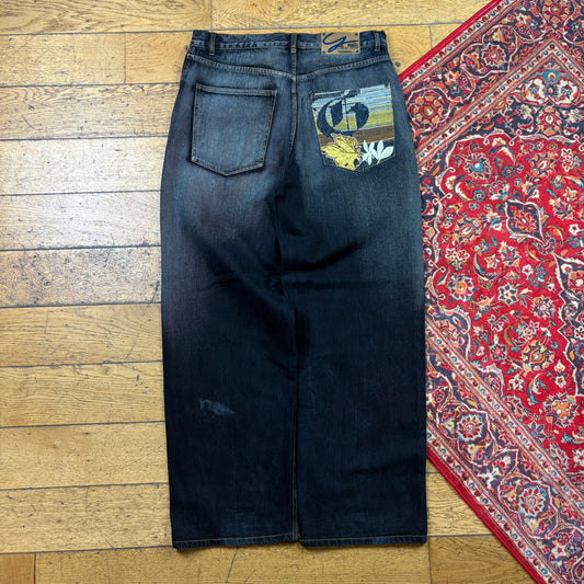 Vintage Black Embroidered Y2K Hip Hop Baggy Jeans - 34