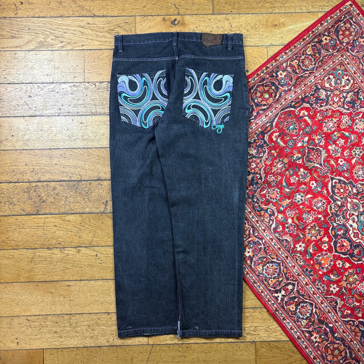 Vintage Coogi Black Embroidered Y2K Hip Hop Baggy Jeans - 38