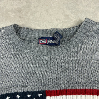 Vintage USA Flag Chunky Knit Grey Jumper - L