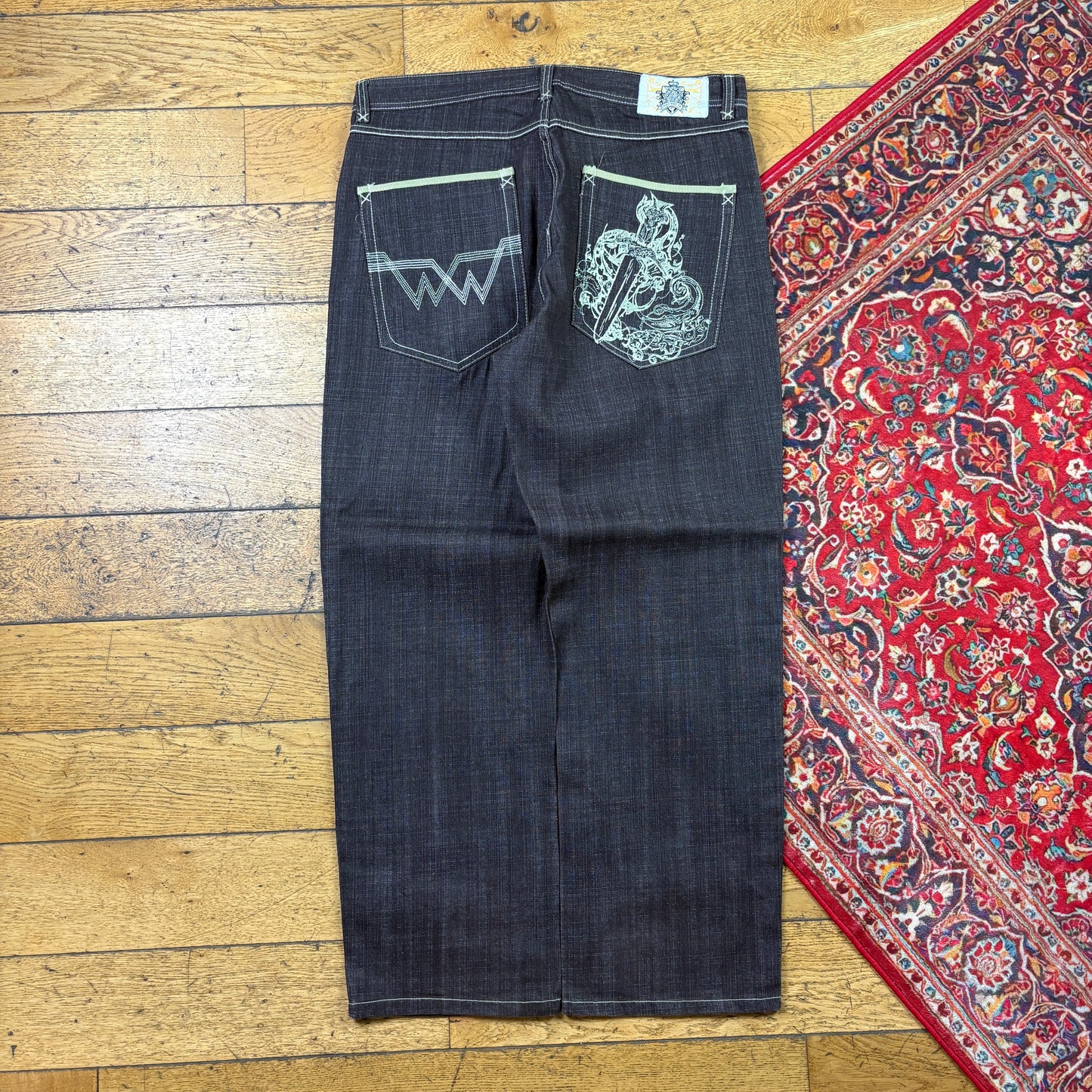 Vintage Brown Embroidered Y2K Hip Hop Baggy Jeans - 38