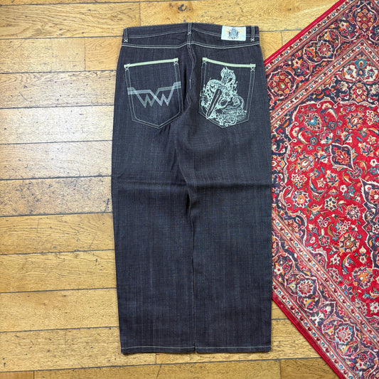 Vintage Brown Embroidered Y2K Hip Hop Baggy Jeans - 38