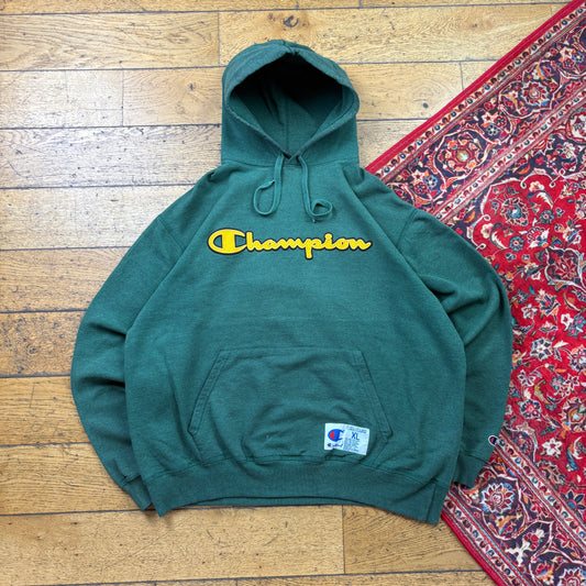 Vintage Champion Green Hoodie Embroidered Sweatshirt - XL