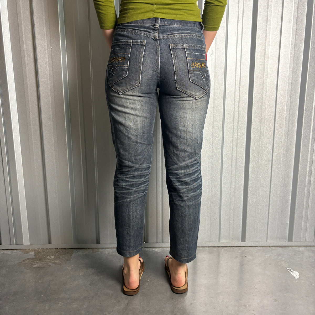 Embroidered Blue Capri Japanese Denim Hip Hop Y2K Jeans - 28