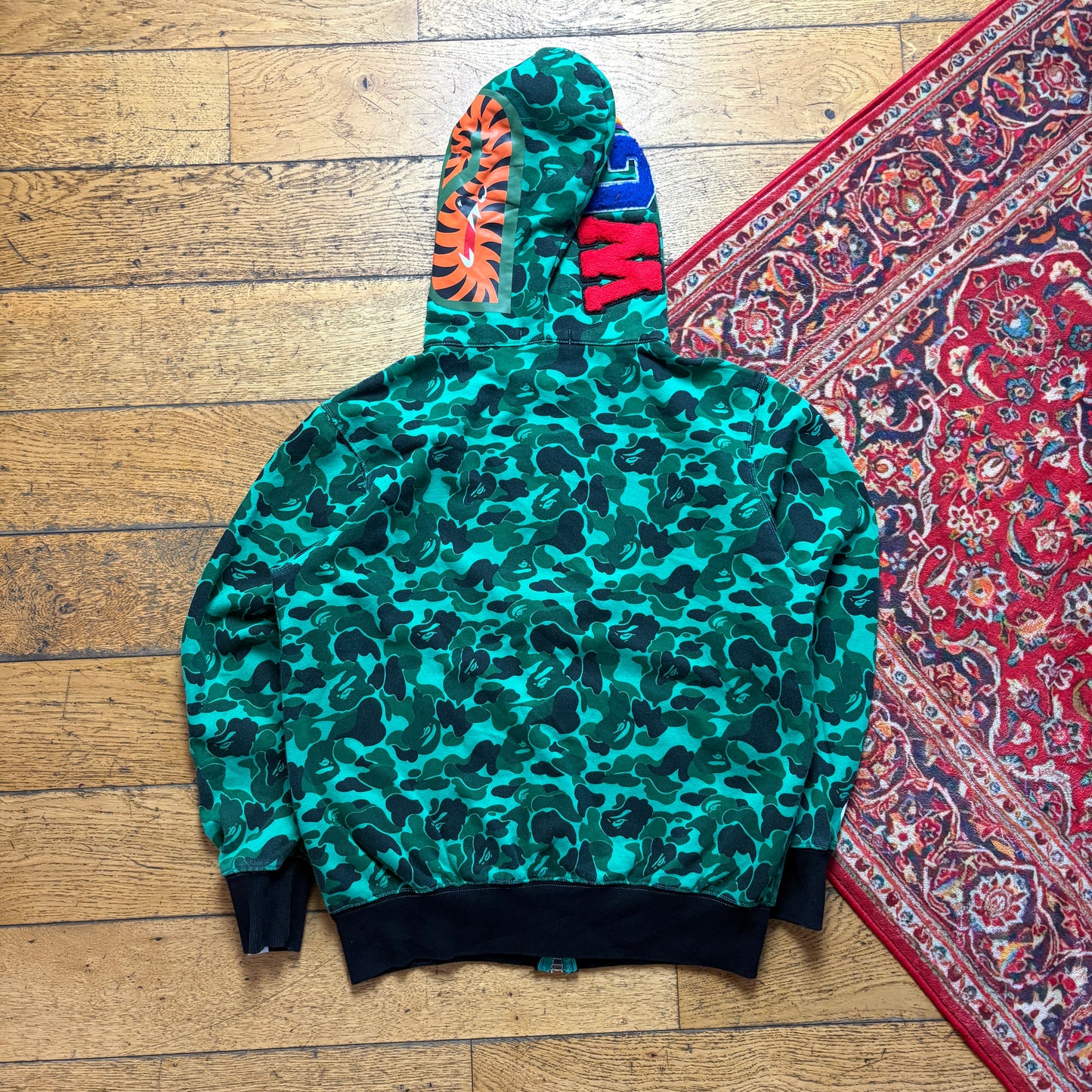 Vintage Bape Bathing Ape Green Camo Shark Hoodie Embroidered Sweatshirt - S