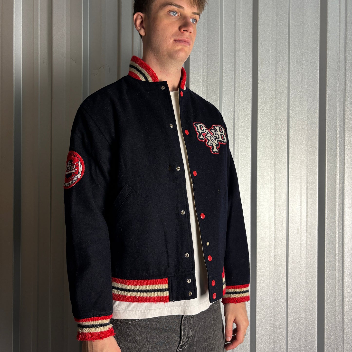 Vintage PNB Nation Wool Varsity Navy Cream Reversible Letterman Jacket - S