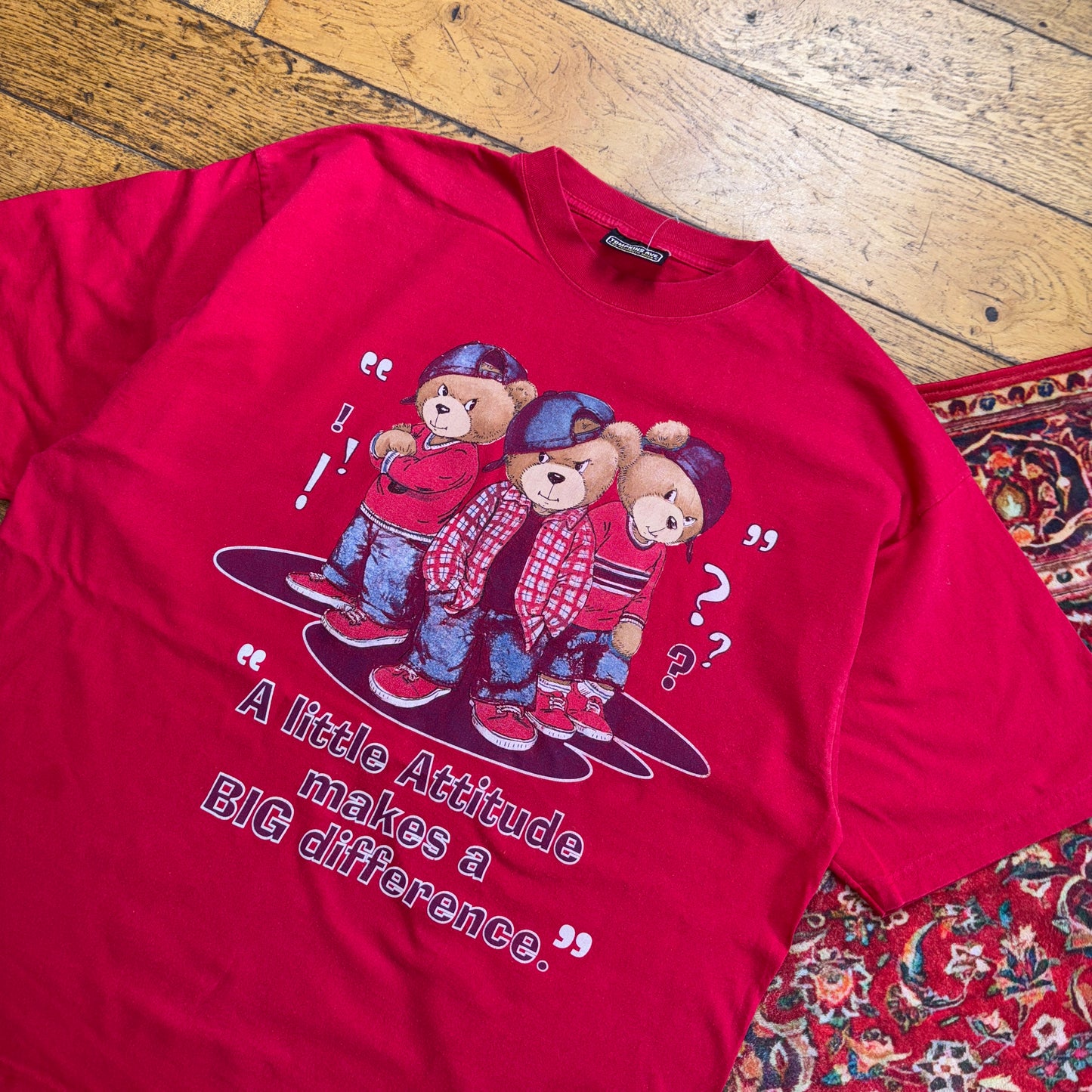 Vintage 90s Attitude Teddy Red Funny Single Stitch Graphic T-Shirt - 2XL