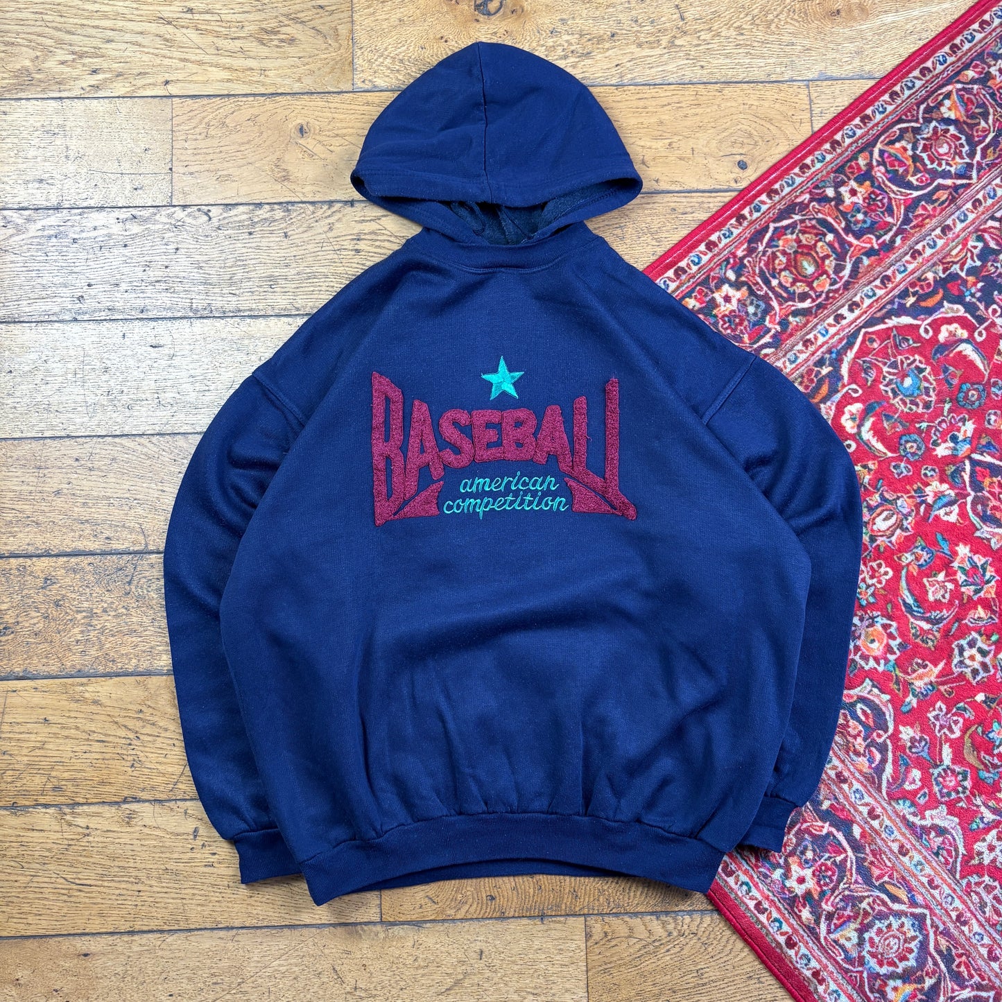 Vintage 90s Baseball Navy Hoodie Embroidered Sweatshirt - L