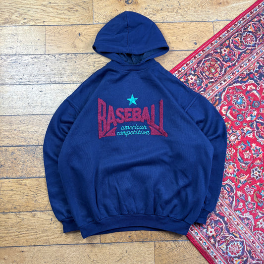 Vintage 90s Baseball Navy Hoodie Embroidered Sweatshirt - L