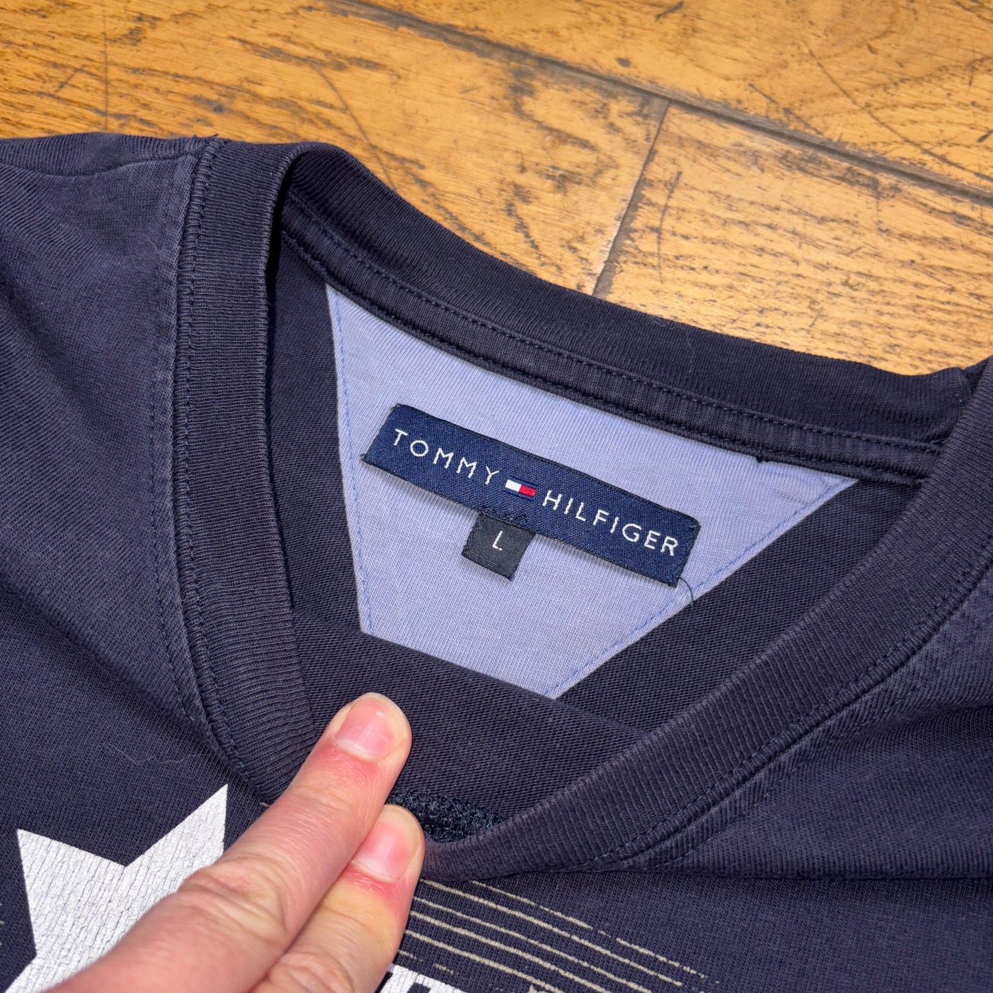 Vintage Tommy Hilfiger Navy Long Sleeve Running Graphic T-Shirt - S