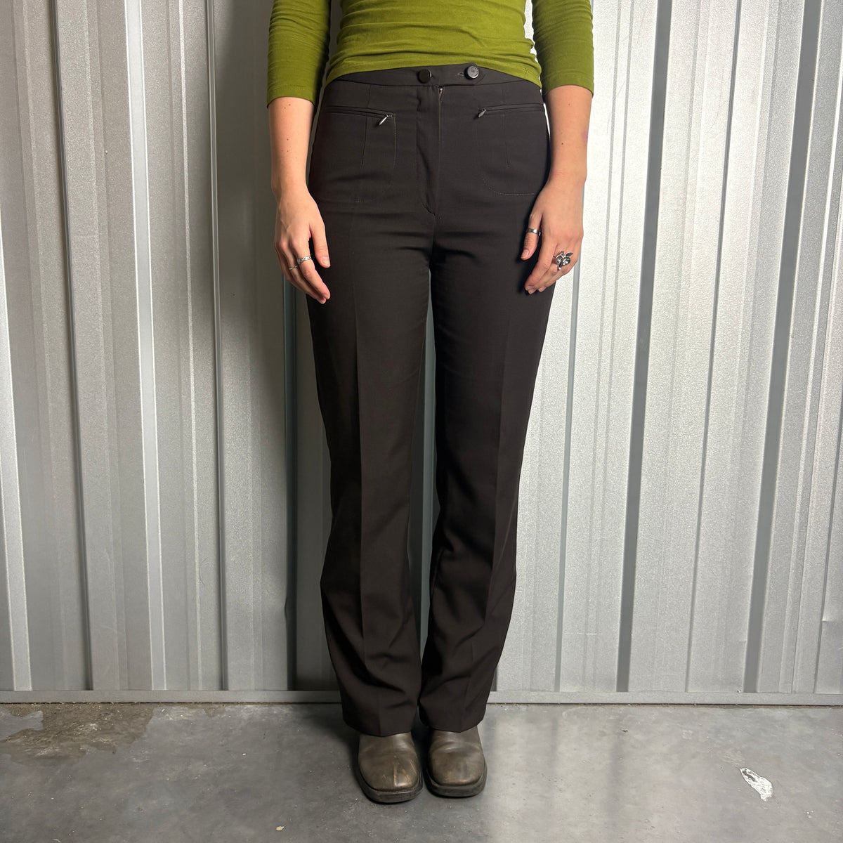 Brown High Waisted Y2K Italian Straight Leg Tailored Smart Trousers - 28