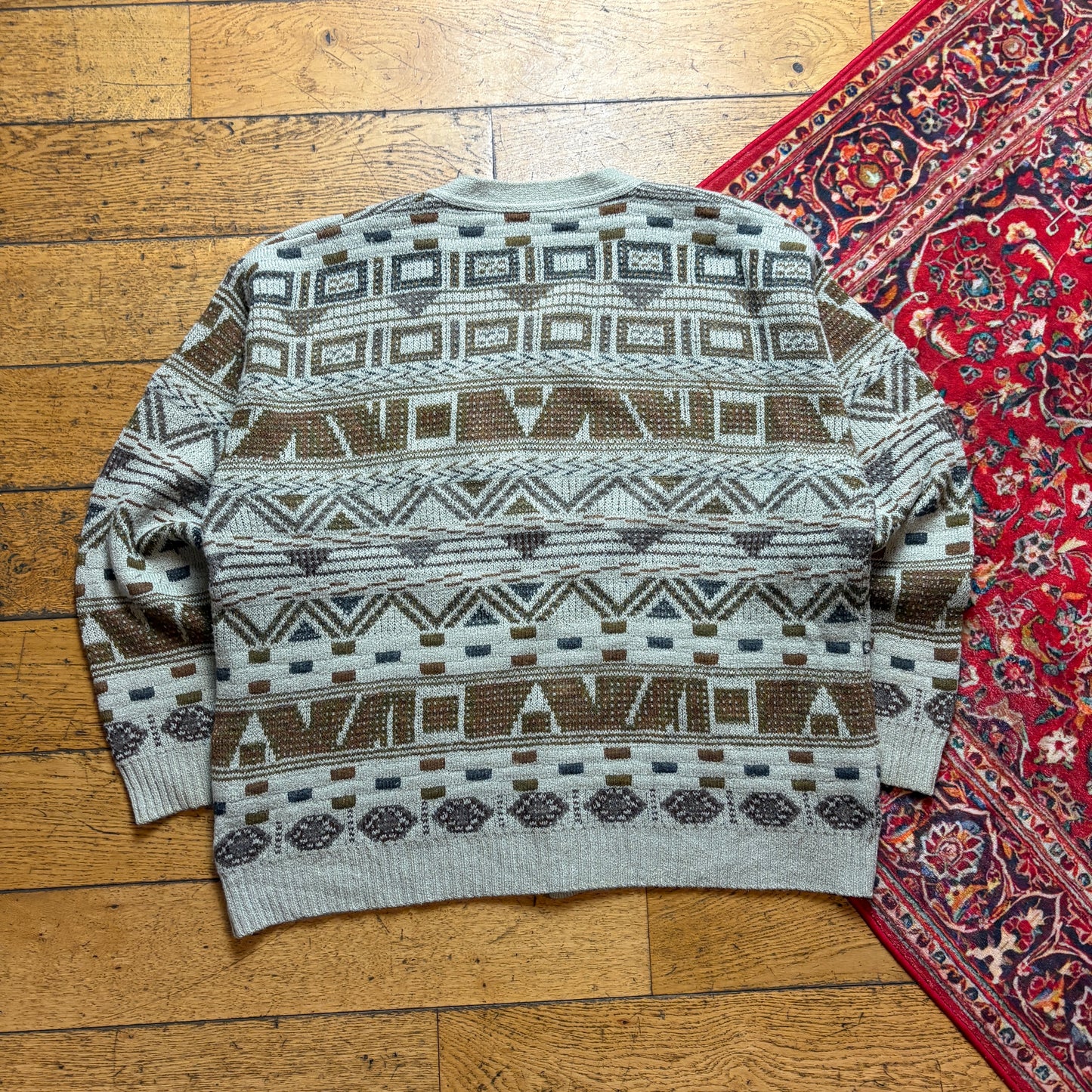 Vintage Grey Pattern Chunky Knit Cardigan Jumper - XL