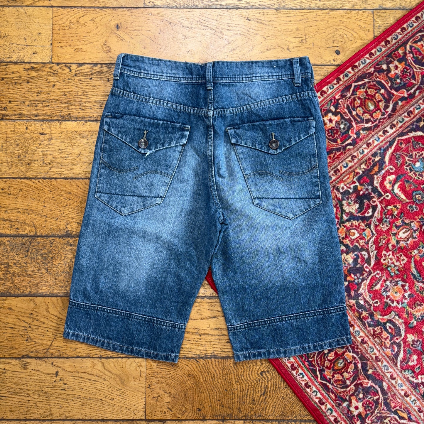 Vintage Blue Double Knee Denim Shorts - 32